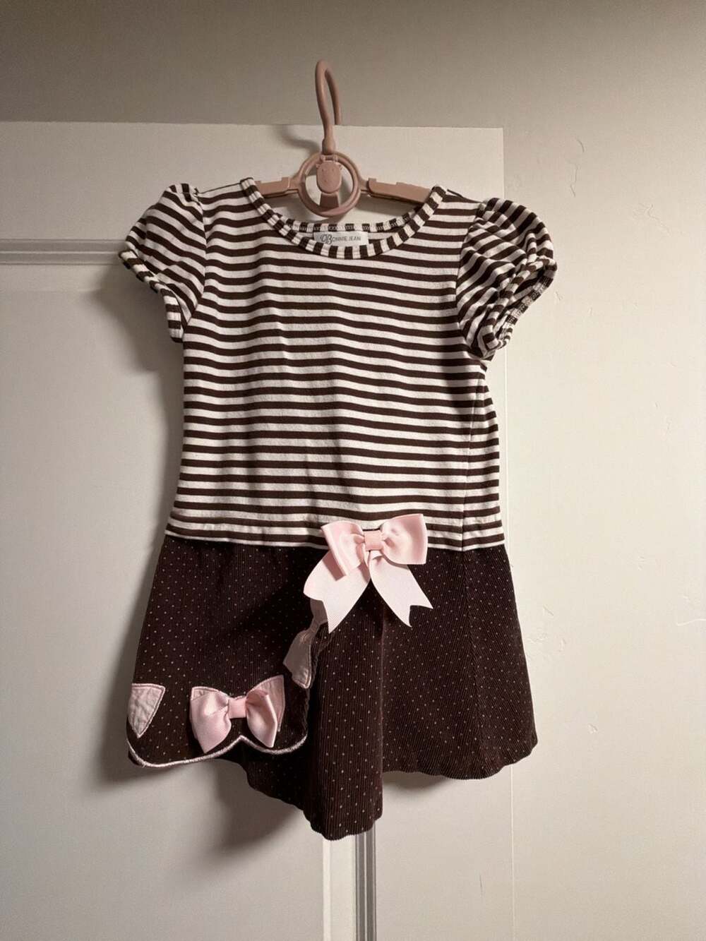 Bonnie Jean Girls Brown and White Striped and Polka Dot Corduroy Dress, Size 5